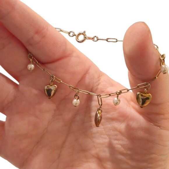 Mini Puffy Heart and Pearl Bead Dangle Link Bracelet - Picture 5 of 12